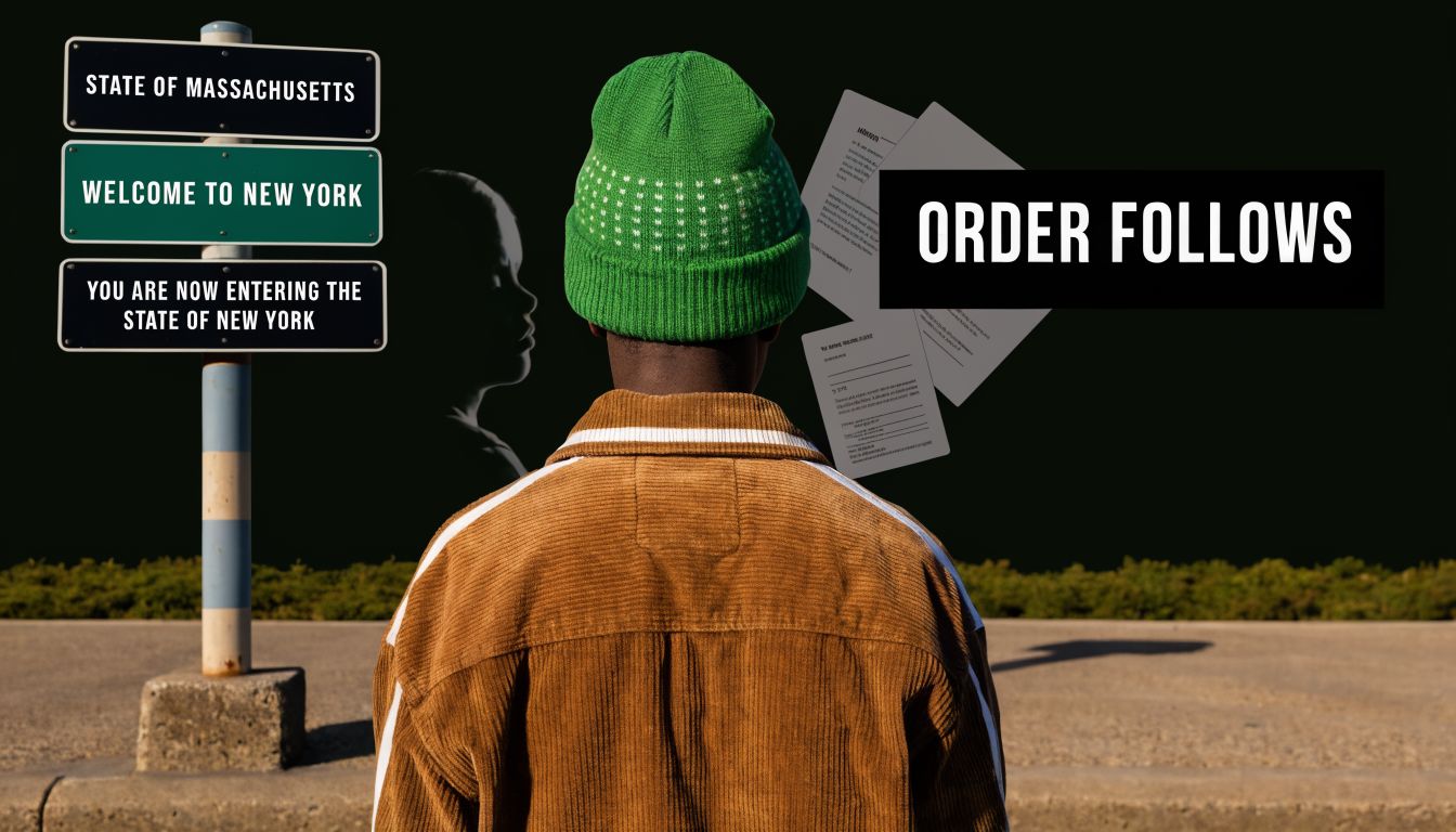 A person in a green beanie standing before signs indicating a move between states with legal documents.