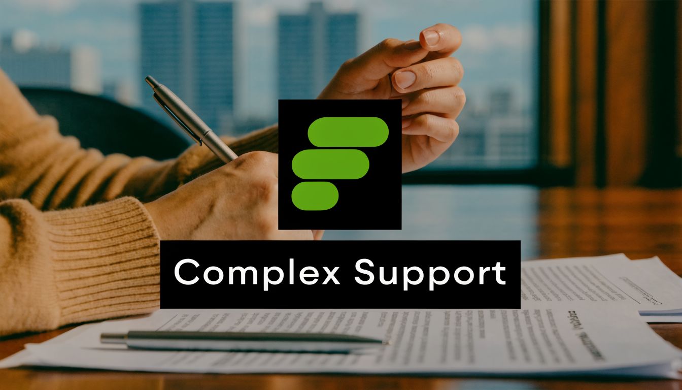 A professional desk setting with legal documents and a hand writing with a pen, representing complex support.