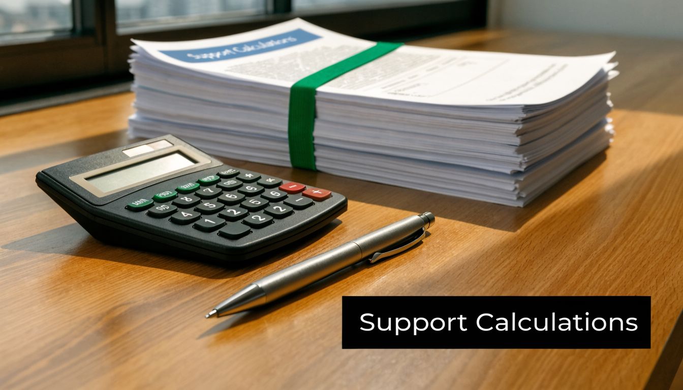 A stack of papers titled Support Calculations next to a professional desk calculator and a pen.