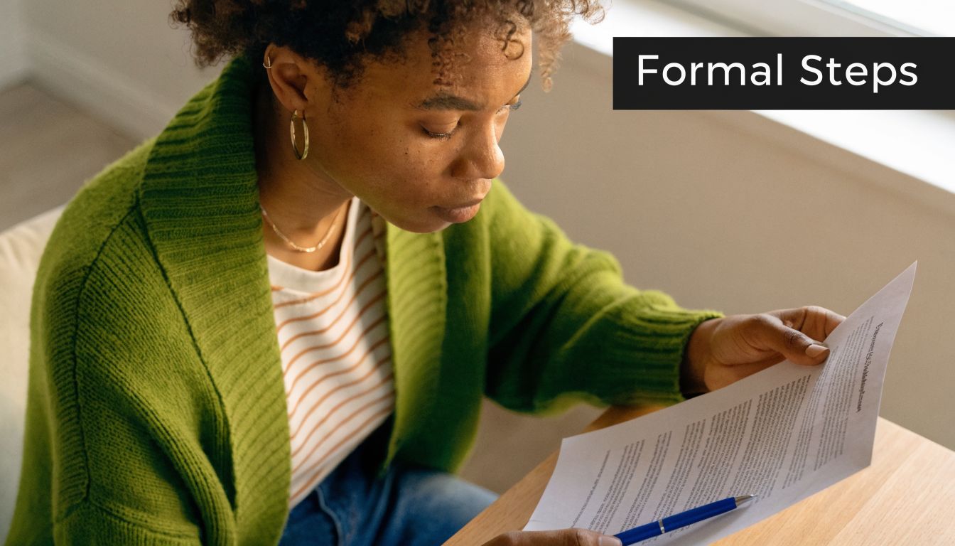 A woman reviewing legal documents regarding child support while seated at a wooden desk at home.