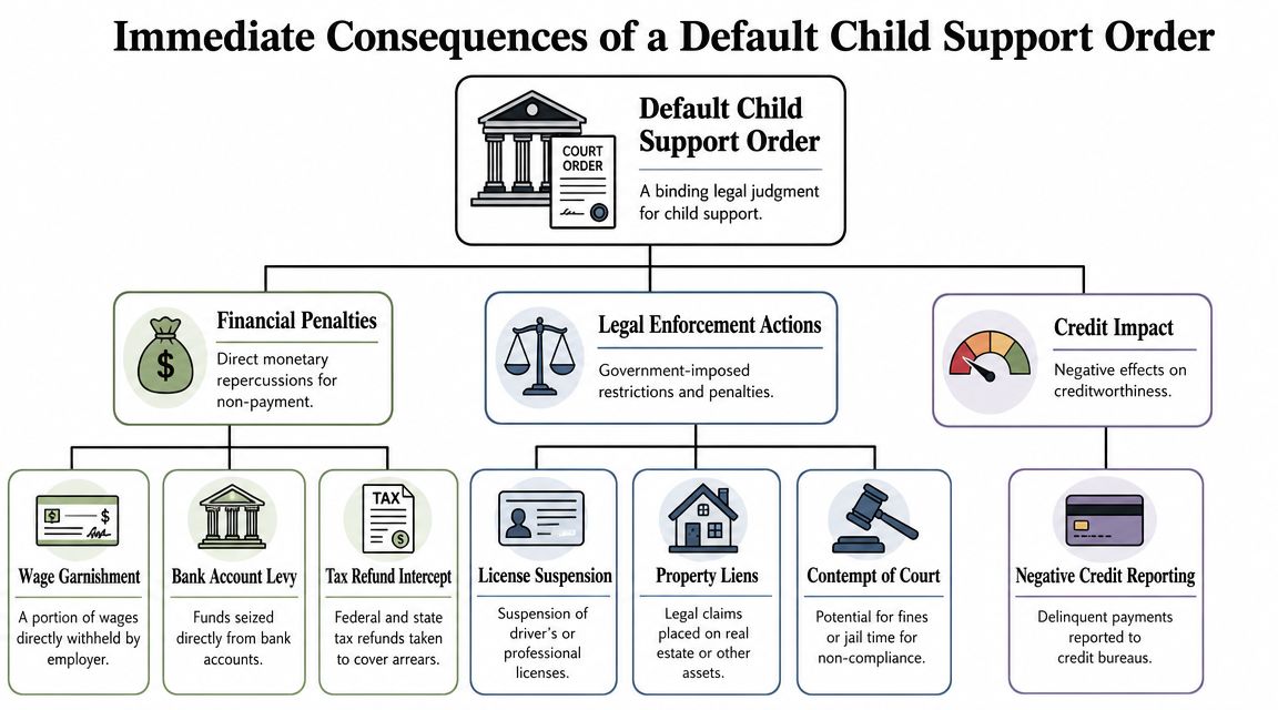 A flowchart outlining the legal and financial consequences of failing to pay a child support order.
