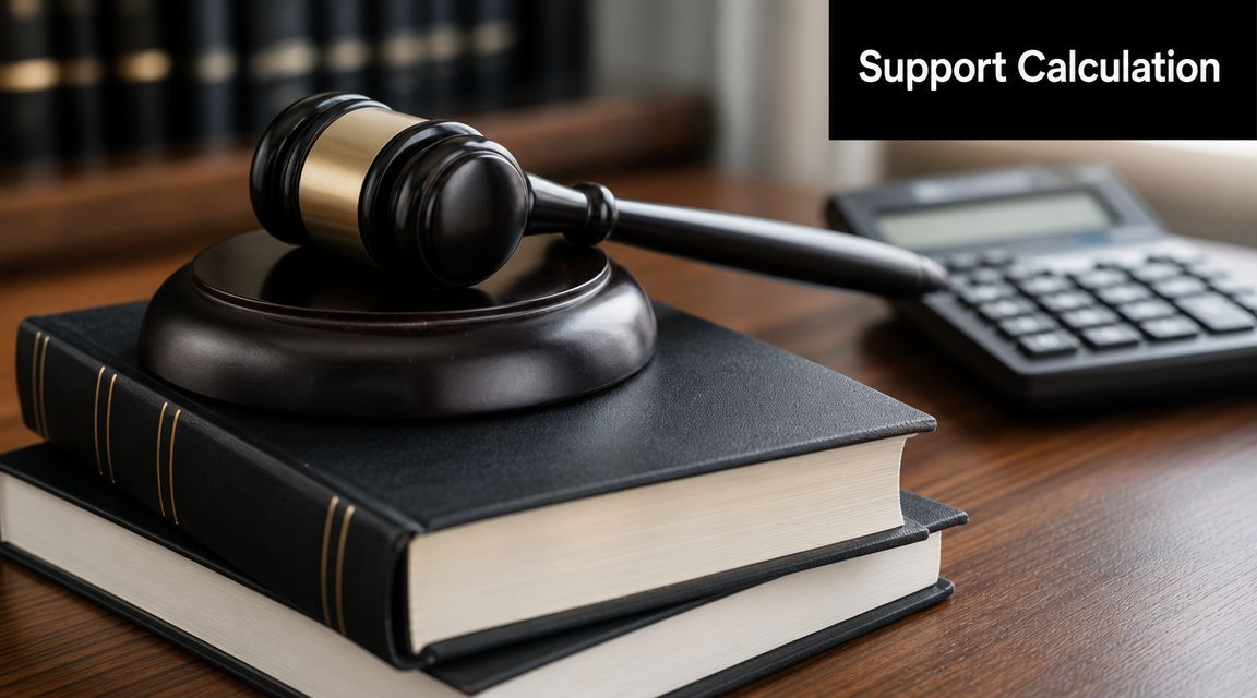 A wooden judge's gavel rests on two law books next to a calculator on a wooden desk.