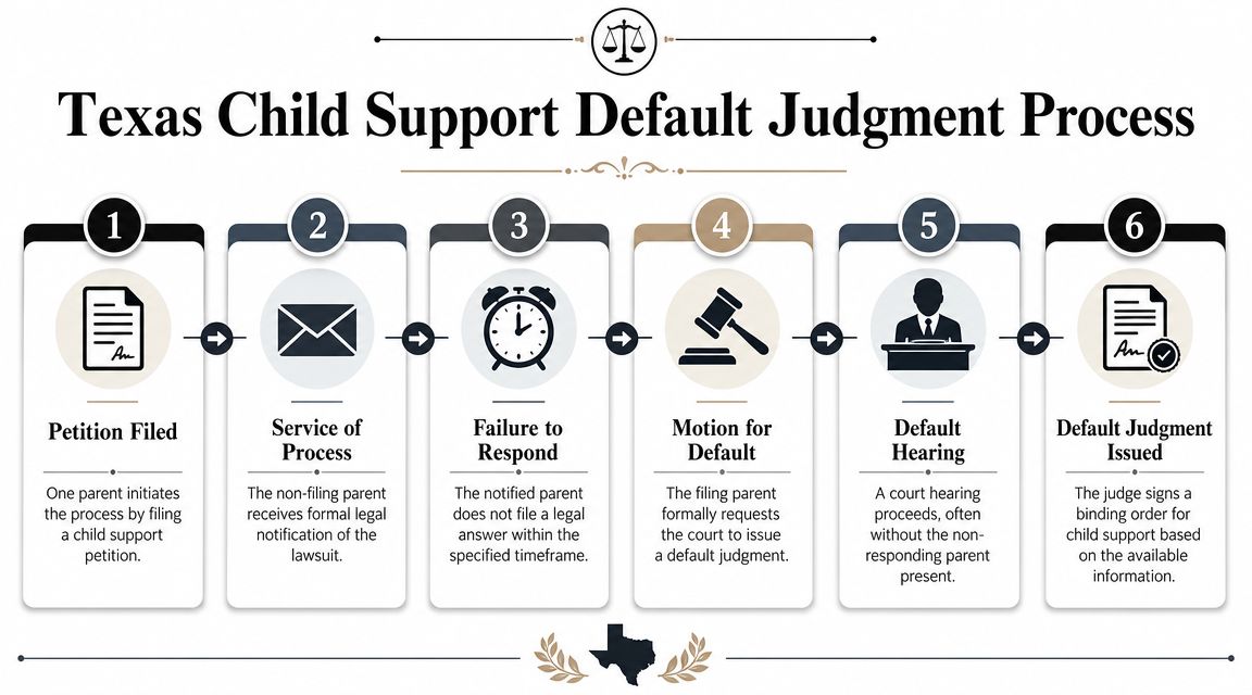 A six-step infographic detailing the legal Texas child support default judgment process from petition to final order.