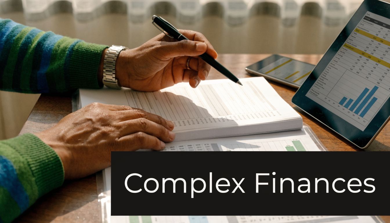 A professional reviewing complex financial documents and data on a tablet for a legal matter.