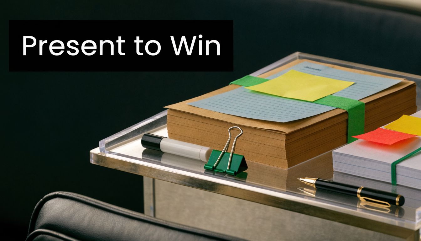 A clean office desk with stacked papers, a green binder clip, and pens for a presentation.