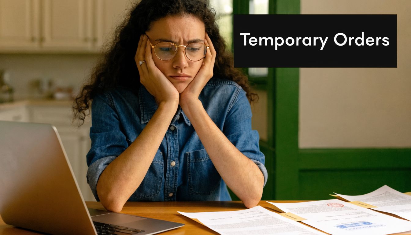 A woman looks stressed while reviewing legal paperwork at a table with her laptop and child support documents.