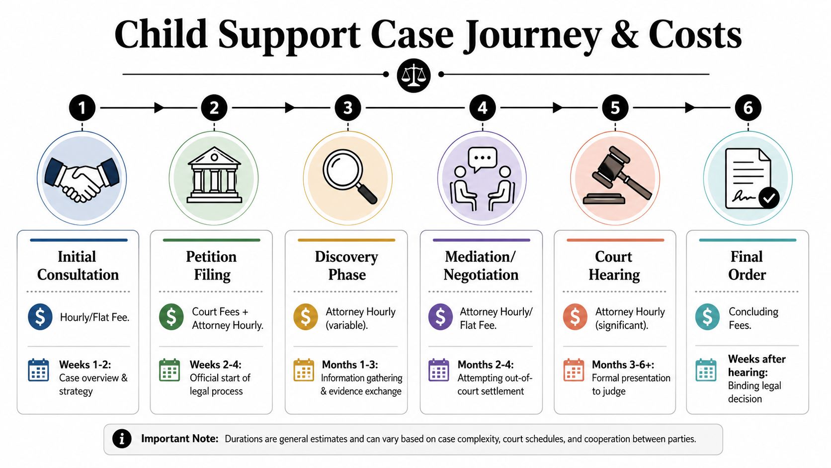 A flowchart infographic outlining the stages of a child support case, from initial consultation to final legal order.