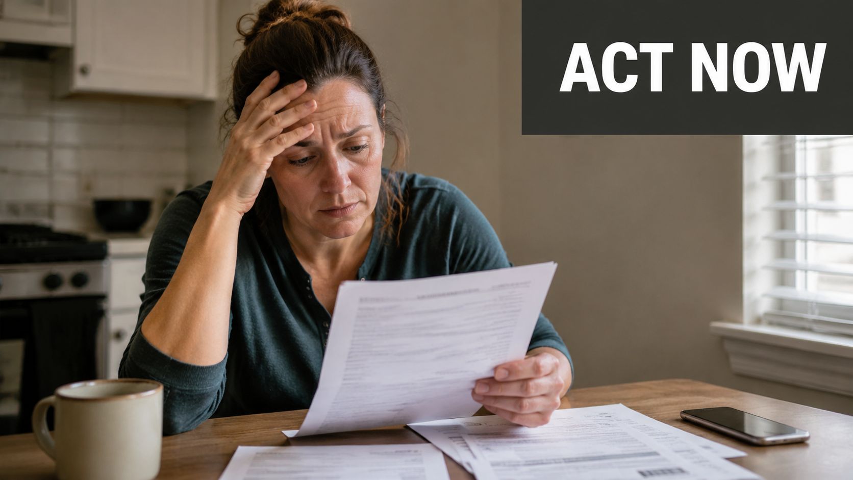 A distressed woman looking stressed while reviewing financial documents at her kitchen table.