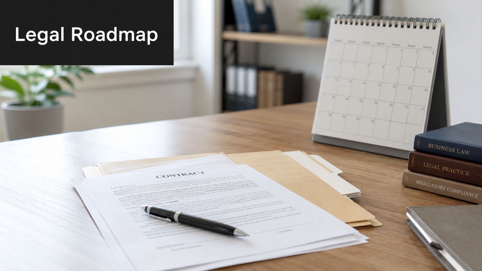 A professional desk workspace features a contract, pen, calendar, and legal textbooks for document preparation.