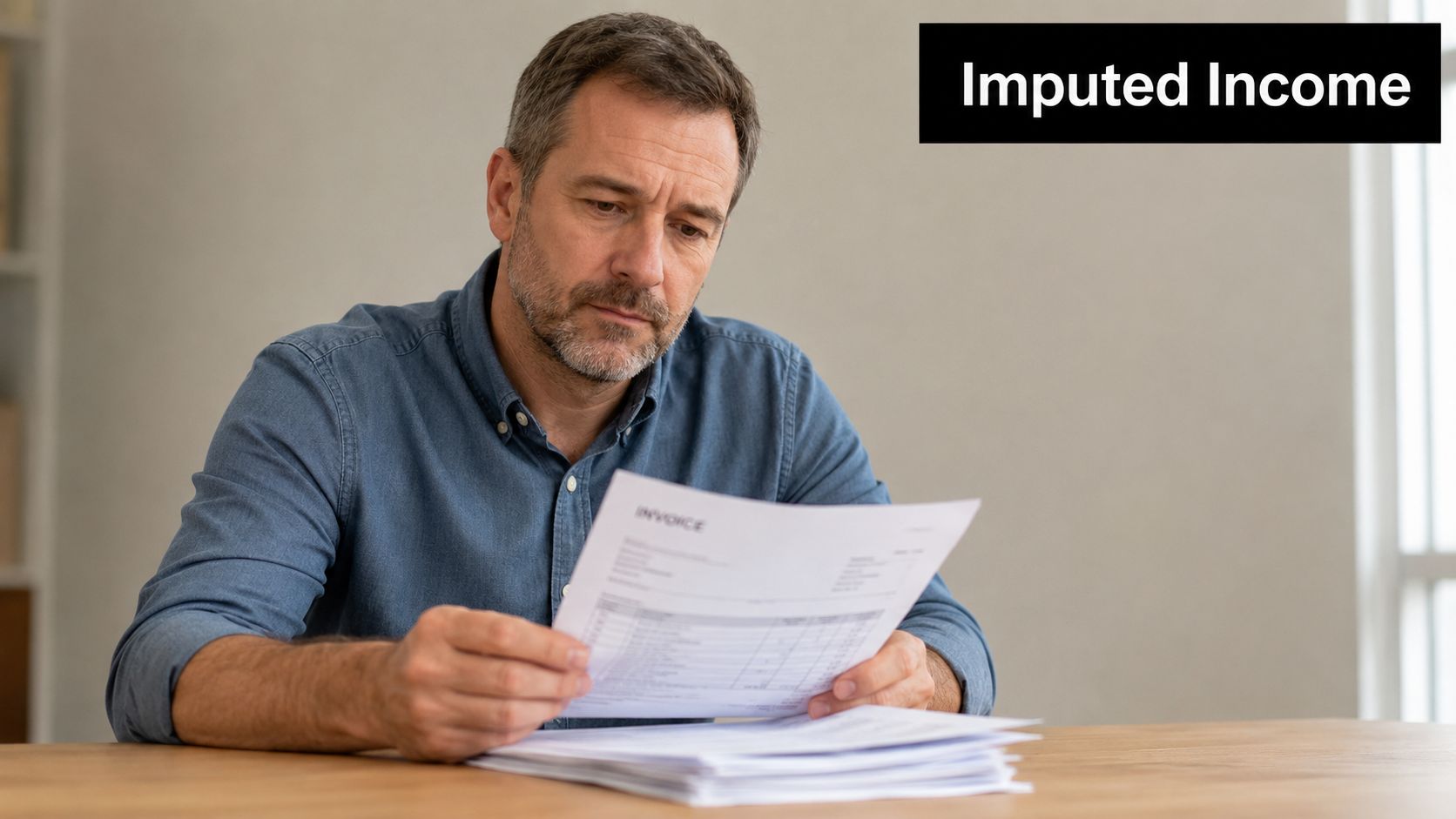 A concerned middle-aged man reviewing financial invoices, likely calculating imputed income for child support proceedings.