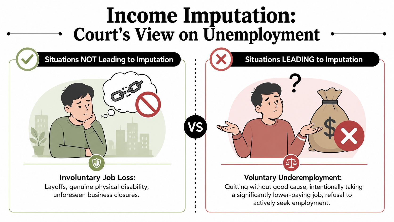 An infographic showing when courts impute income versus not imputing income during child support calculations.