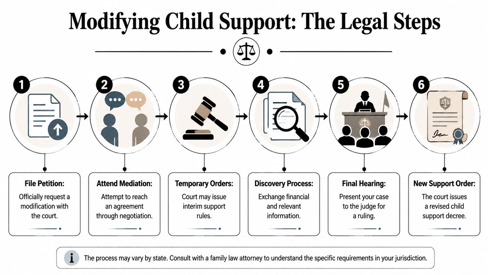 A six-step infographic detailing the legal process for modifying child support court orders.