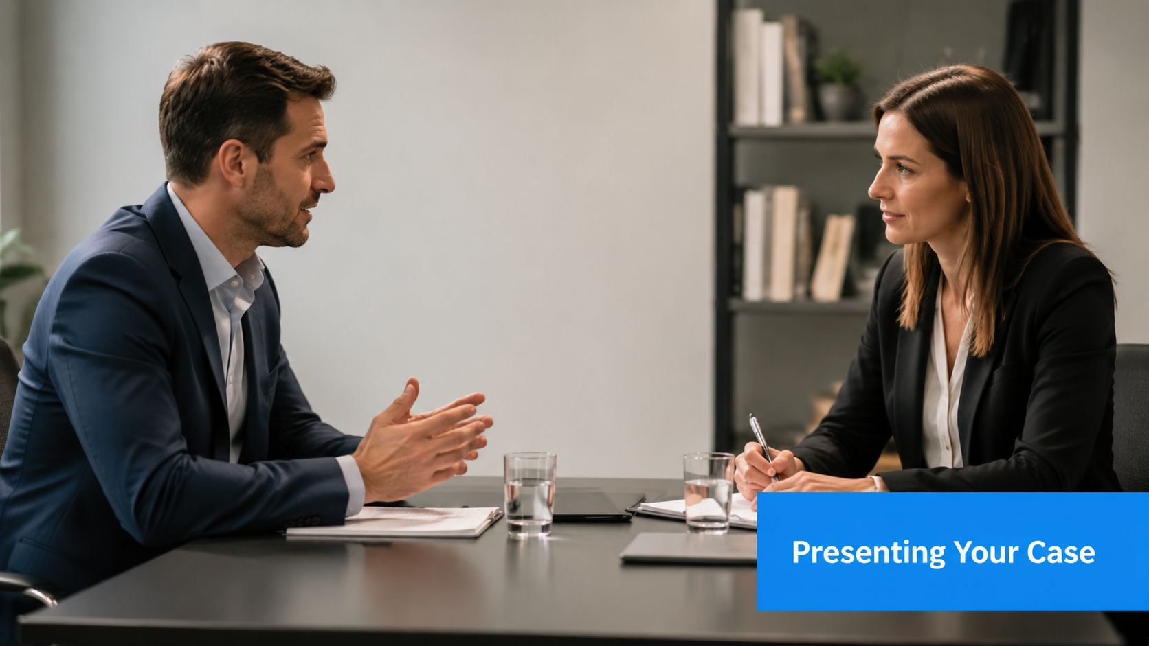 A professional man and woman in business attire having a formal legal discussion across a desk.