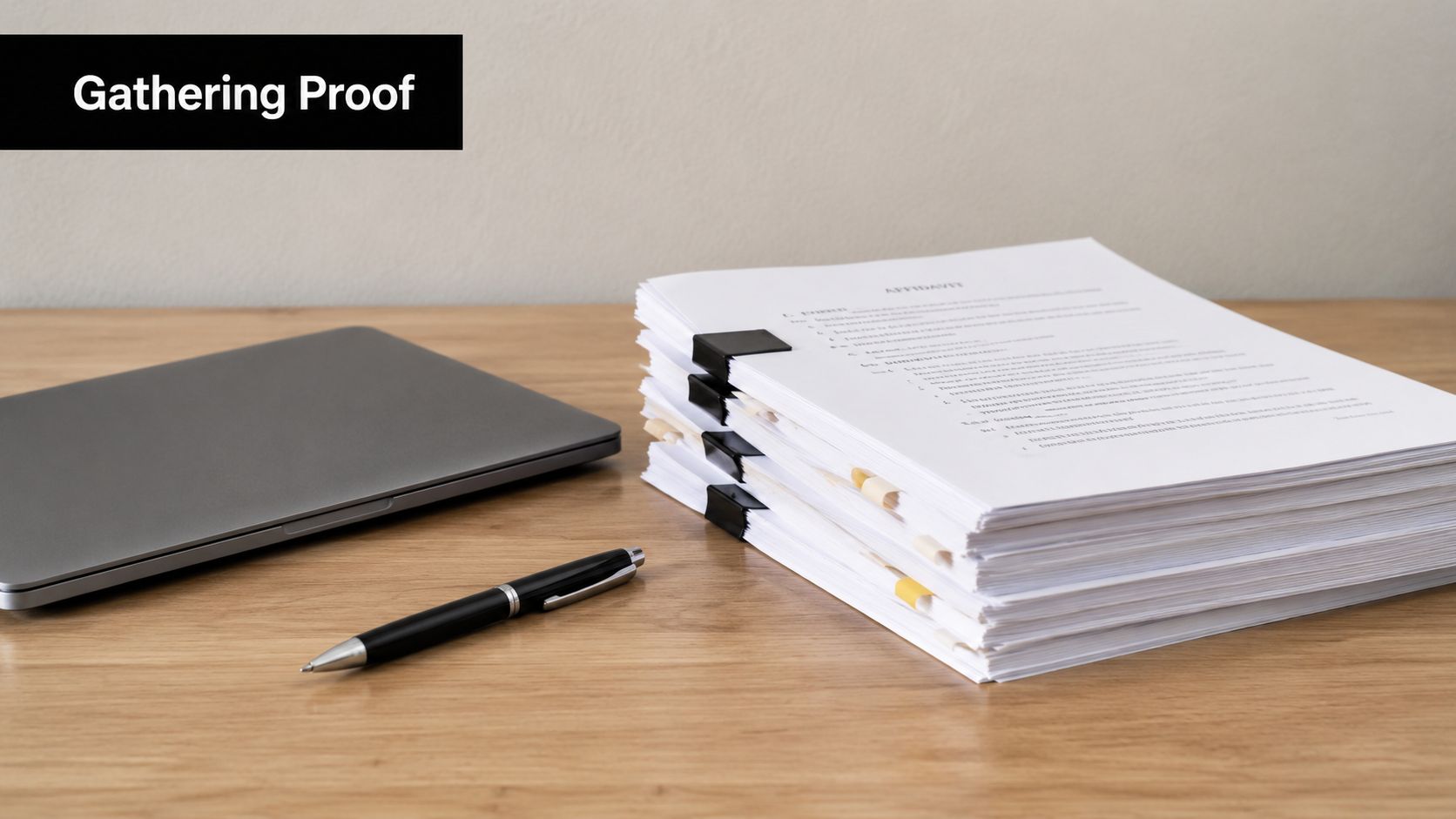 A stack of legal documents and an affidavit with paper clips on a desk next to a laptop.