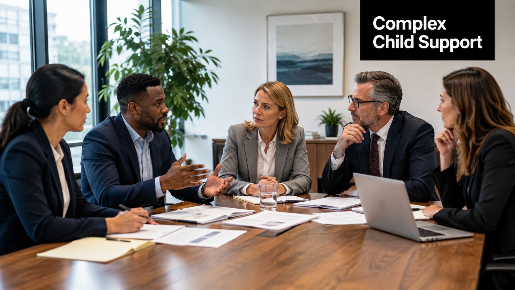A professional team of business people sitting at a conference table discussing complex child support cases.