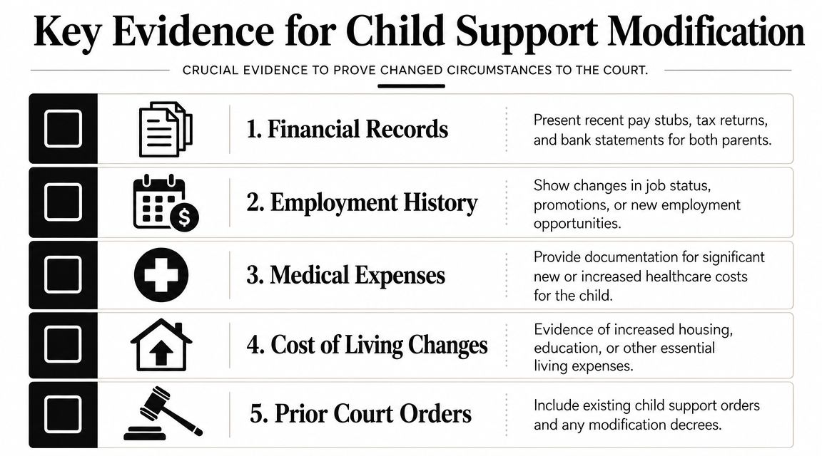 A checklist infographic outlining essential evidence required for legal child support modification proceedings in court.