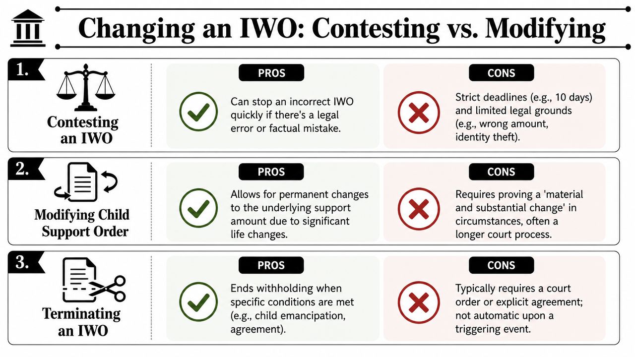 A table comparing the processes of contesting, modifying, or terminating an income withholding order.
