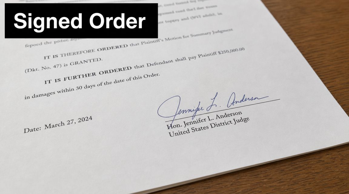 A close-up view of a signed legal court order document on a wooden desk surface.