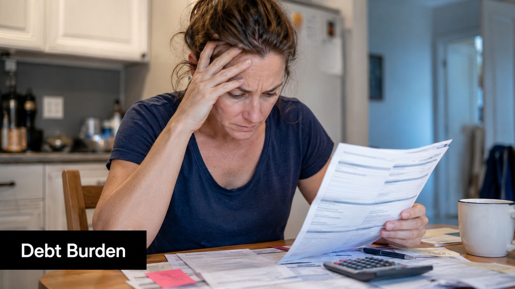 A woman sits at a table looking stressed while reviewing financial documents, bills, and a calculator.