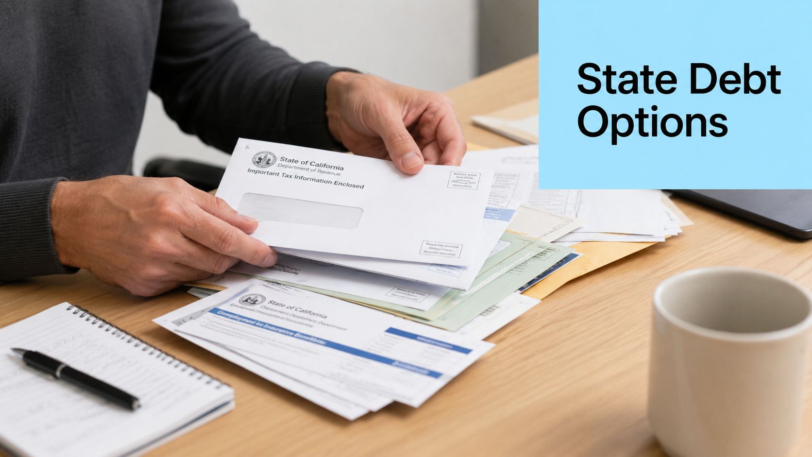 A person organizing tax and unemployment insurance documents from the State of California on a wooden desk.