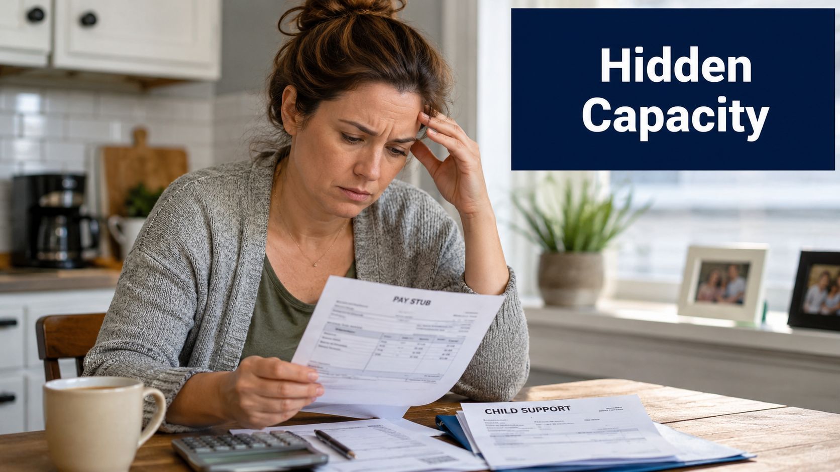 A concerned woman sitting at a table reviewing financial documents including a pay stub and child support papers.