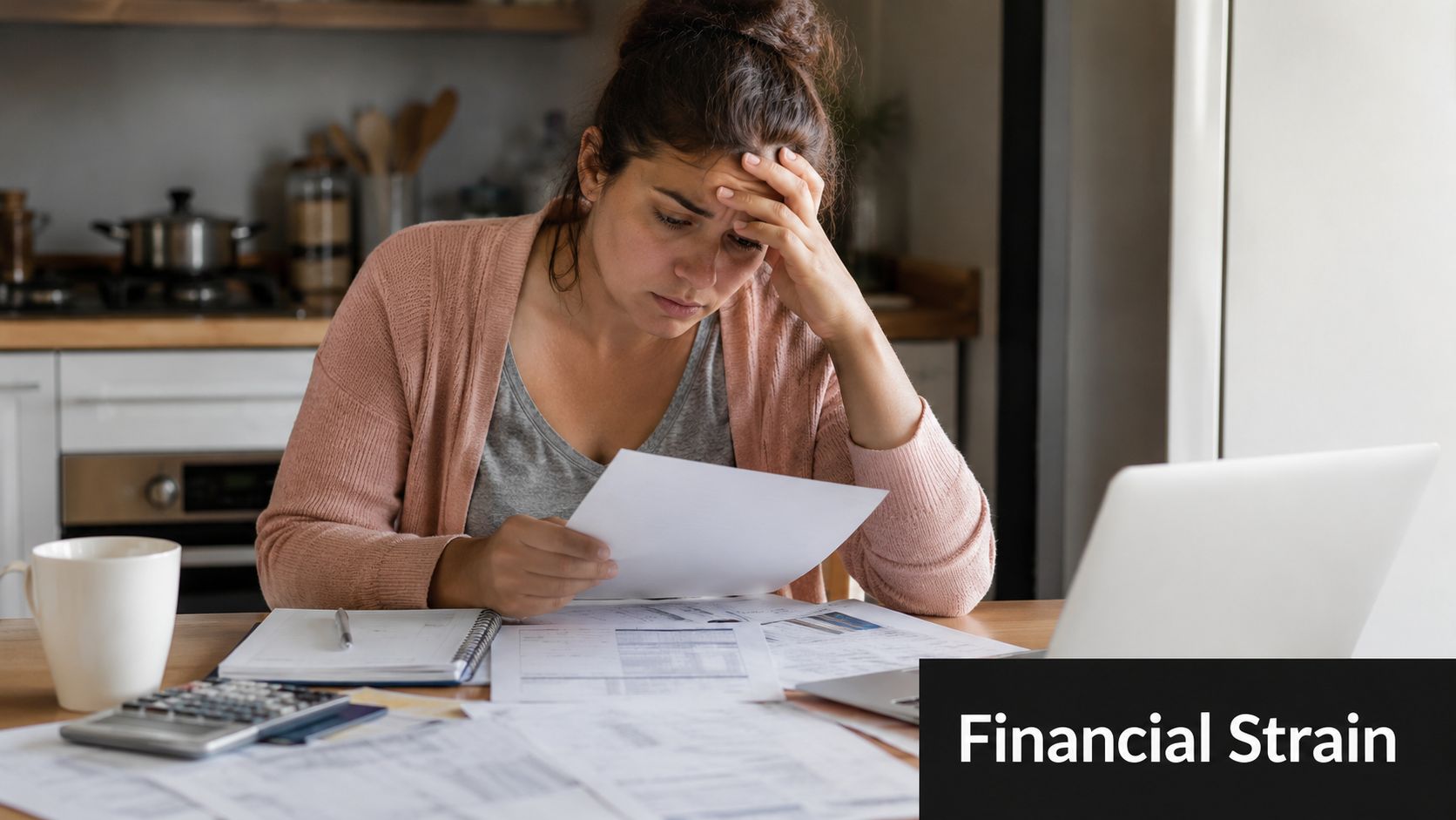 A woman looks stressed while sitting at a kitchen table surrounded by various financial documents and paperwork.
