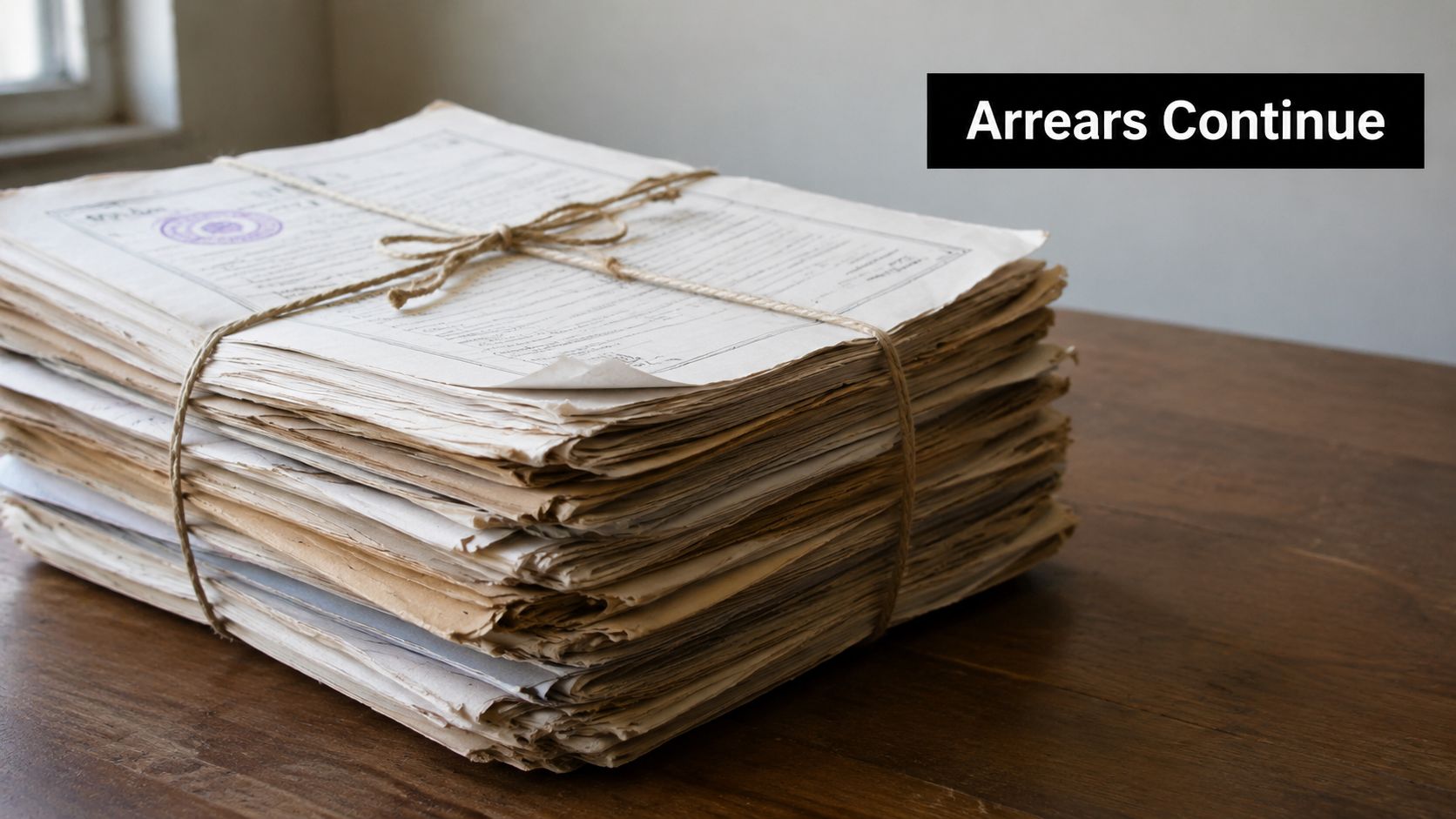 A thick stack of old legal papers tied with string sitting on a wooden table.