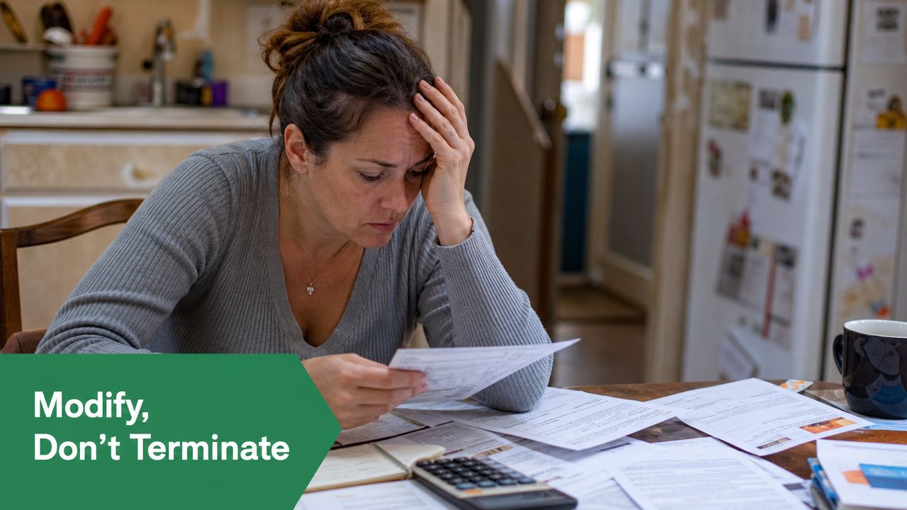 A stressed woman sitting at a table looking at financial documents, suggesting help with child support modifications.