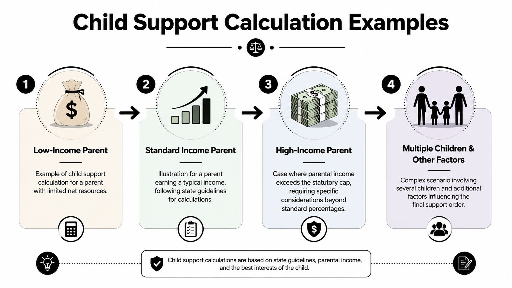 A diagram illustrating four different scenarios and factors for calculating child support payments based on income levels.