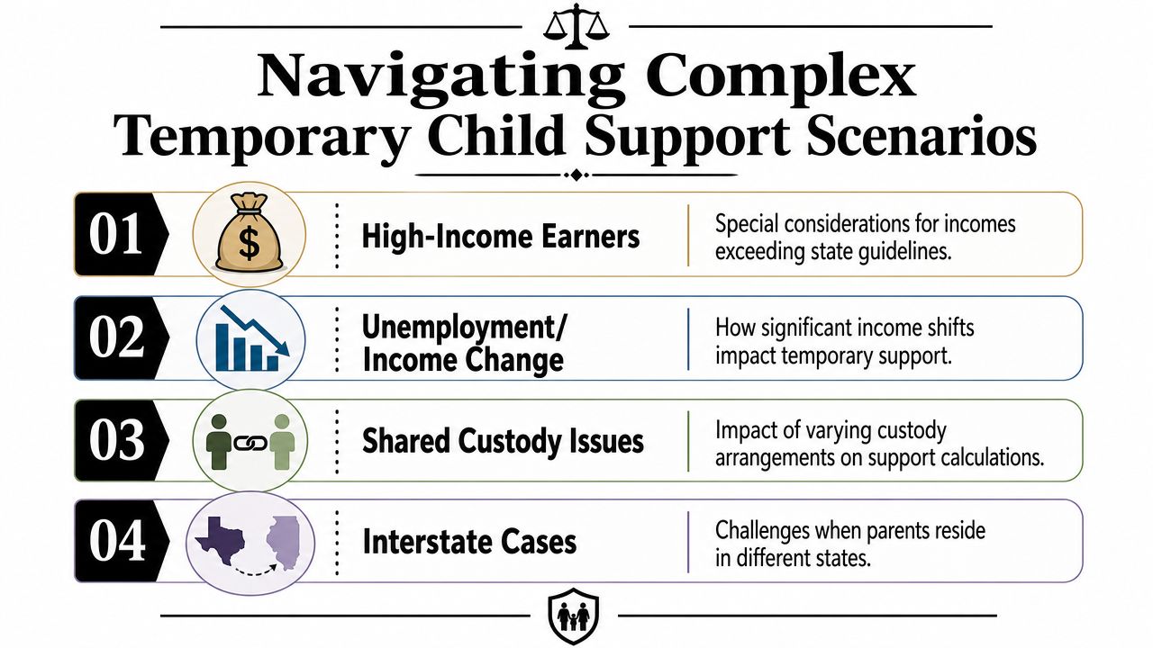 An infographic titled Navigating Complex Temporary Child Support Scenarios highlighting four common legal challenges for parents.