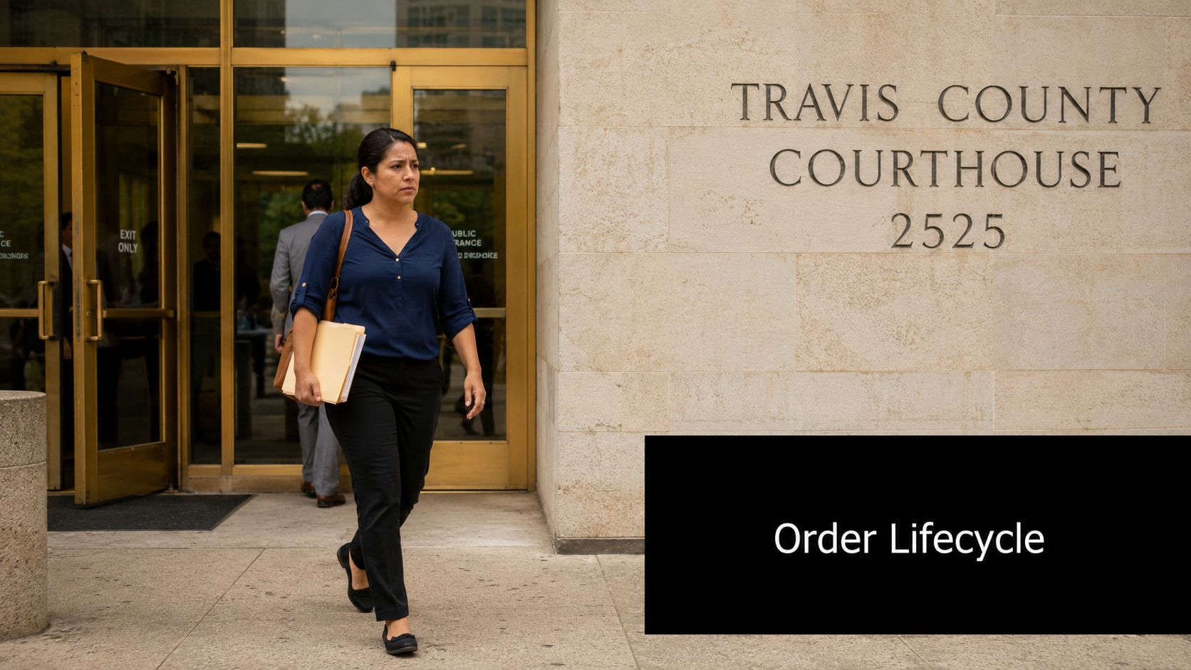 A professional woman holding legal documents walking out of the Travis County Courthouse in Texas.