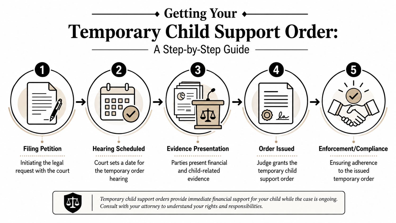 A five-step infographic guide detailing the process of obtaining a temporary child support order in court.